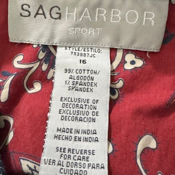 Sag Harbor Sport Hickory Stripe Denim Blouse Red Bandana Trim Womens Size 16 - Picture 2 of 10